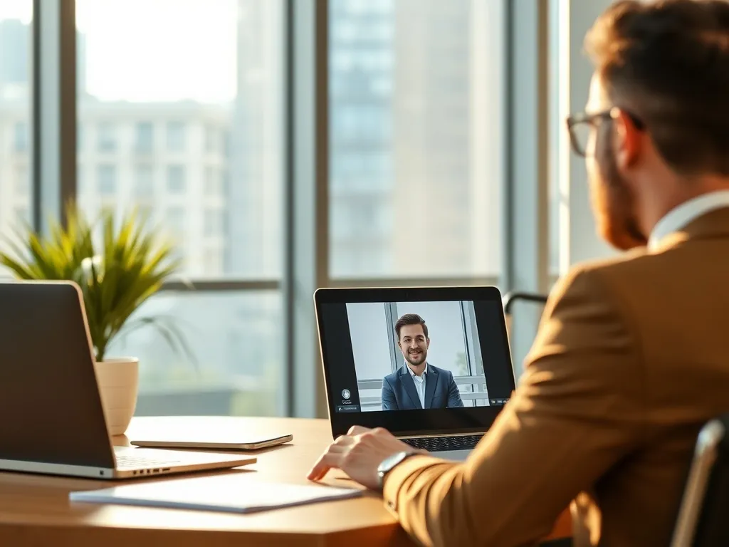 Unternehmer im Video-Call mit TaxFusion-Berater am Laptop
